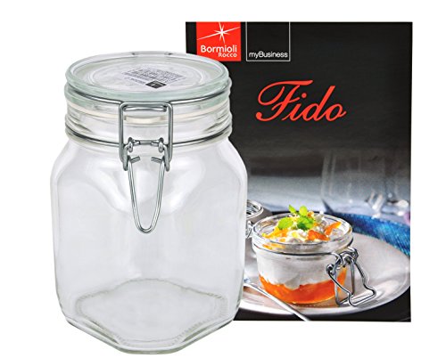 Tarro para conservas con tapón mecánico, Original Fido cantidad de llenar 1L, incluye folleto de recetas de Bormioli