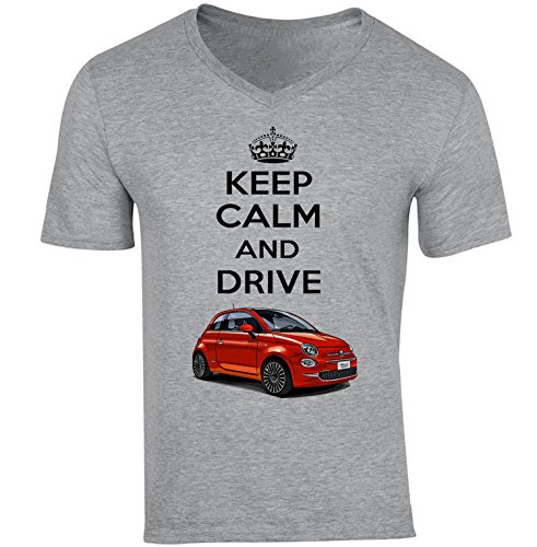 TEESANDENGINES - Camiseta para hombre con cuello en V para Fiat 500 Keep Calm Grey Gris gris S