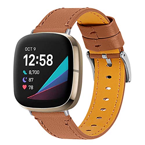 Versa 3 Leather Band, TechCode Reemplazo de Correas de Cuero Genuino con Hebilla de Metal Correas de Liberación Rápida Compatibles con Fitbit Sense/Versa 3 para Mujeres Hombres (Marrón)