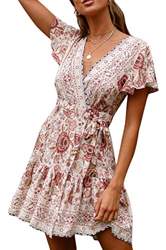 Vestidos Mujer Bohemio Corto Florales Verano Playa Fiesta Vestido Casual Magas Cortas Cuello en V Noche Playa Vacaciones 4 L