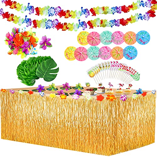 Yojoloin 102 Pcs Hawaiano Luau Falda de mesa Set de decoración,de fiesta tropical de 9.6FT con hojas de palma Flores hawaianas Paraguas decoraciones de mesa de fiesta Tiki de verano