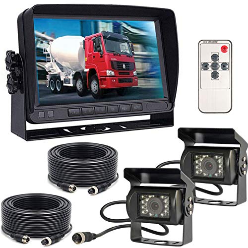 12V-24V Sistema cámara de marcha atrás vehículo, 7 Pulgadas TFT LCD HD Color Coche Monitor + 2x vehículos IR Visión Nocturna Impermeable Cámara de Visión Trasera Reversa para RV Bus Remolque,Camión