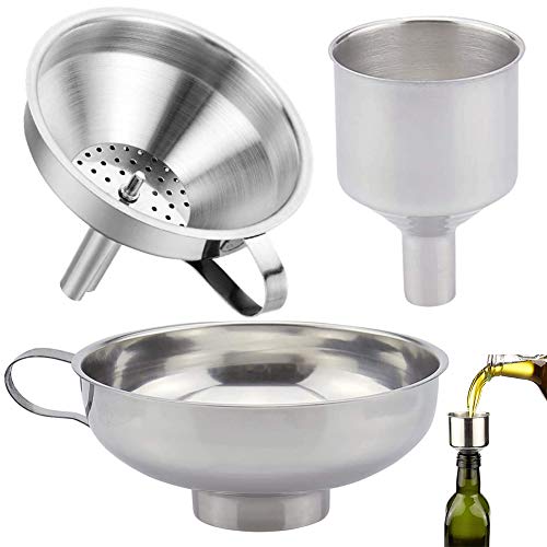 3PCS Canning Funnel Set, Embudos para Cocina,Set de embudos de Cocina, Juego de filtros de Embudo de Acero Inoxidable con Mango y colador Desmontable para filtrar líquidos, Ingredientes Secos, Polvo