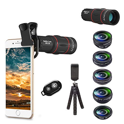 Apexel 8 en 1 Kit de Lentes de cámara para teléfono Teleobjetivo 18X, Lente Gran Angular,Lente Macro,Ojo de pez,Lente caleidoscopio,Filtro de Estrellas,Obturador Remoto,trípode para iPhone Smartphone