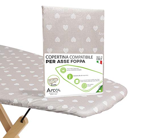 ARCOL Funda de repuesto de goma compatible con tabla de planchar Foppapedretti fabricada en Italia, funda para tabla de planchar 100% algodón (cubierta, beige, corazones blancos)