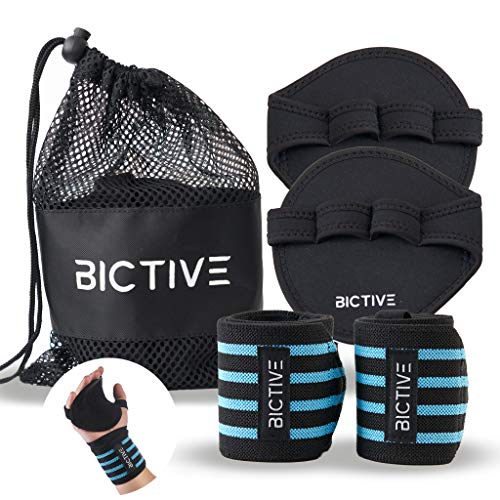 BICTIVE Set de Muñequeras Calistenia + Guantes Calistenia. Guantes de Gimnasio Hombre, Calleras Crossfit Mujer, Muñequera Gimnasio, Agarres Gimnasio, Muñequeras Pesas, Manoplas Gimnasio