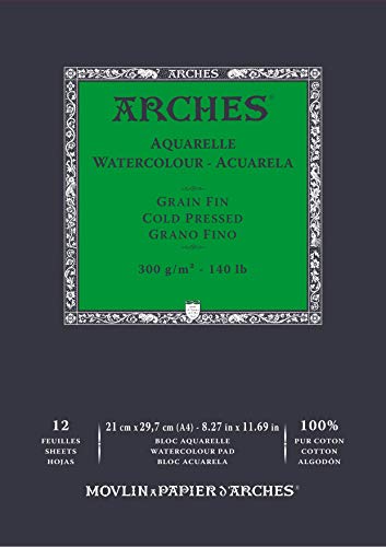 Bloc Enc 21x29,7 12H Arches Aquarelle 100% Fino 300g Blanc Nat