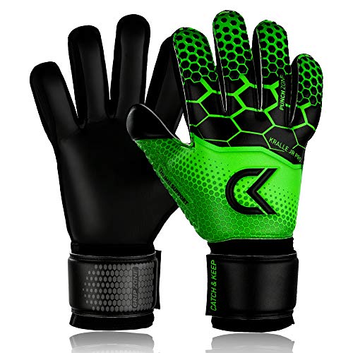 CATCH & KEEP® Kralle Junior Pro – Guantes de portero para niños – Guantes de portero premium para niños – Guantes de portero con agarre extra fuerte (versión 3 – verde, 5)