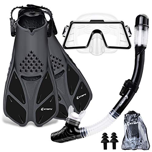 CHYBFU Gafas y Máscaras de Buceo y Tubo y Aletas de Buceo para Adulto, Unisex Pack de Snorkel Incluir Gafas de Buceo, Aletas Snorkel y Dry Top Snorkel, Kit de Snorkel Set para Mujeres Y Hombres (L/XL)