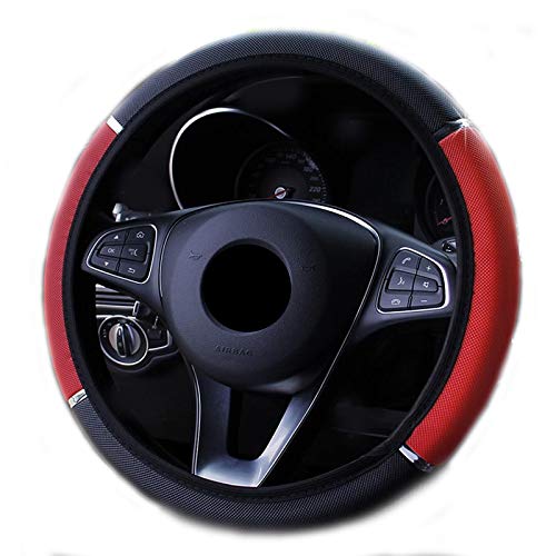 Cubierta antideslizante funda de volante para coche universal microfibra 37-38cm diámetro. Tela elástica y cuero sintético transpirable de muy fácil instalación. (Rojo)