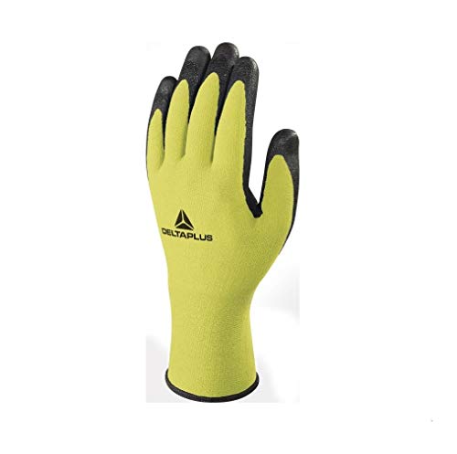 Delta Plus vv734ja10 poliamida/Spandex guantes, espuma de nitrilo/TPU chapado en Palma, Amarillo neón de color negro, tamaño 10,