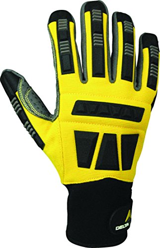 Delta Plus VV900JA12 - Guantes con palma (poliamida y PU y botones, parte trasera de poliuretano y poliéster, espalda reforzada, 60 unidades), color amarillo y gris