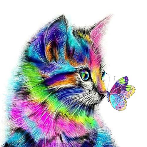 DIY 5D Diamante Pintura Kits,Gato y Mariposa 5D Diamond Painting Kit completo de pintura de diamantes para adultos Niños Decoración de la pared del hogar Gato de colores(30 x 30CM)