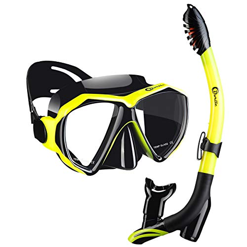 Dorlle Gafas Buceo, La Máscara de Buceo Impermeable está Hecha de Vidrio Endurecido, Antivaho y a Prueba de Fugas, con un Tubo de Respiración Seco 3 Canales para Adultos, Amarillo-Negro