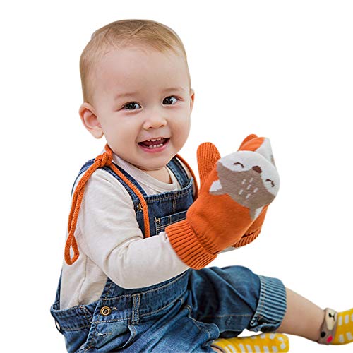 DORRISO Linda Bebe Guantes zorro Manoplas con Cuerda Invierno Cálido Guantes de Infantil Algodón y Lana Naranja