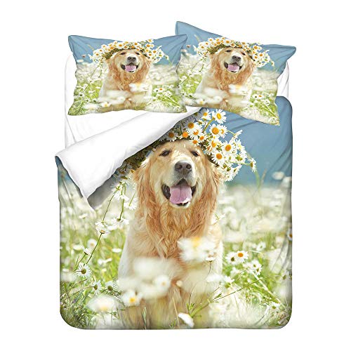 EWYTWD Juego de Funda nórdica de Ropa de Cama de Doble 3D Perro Perdiguero de Oro Funda de edredón de Cama Impresa con Cremallera Decoración gótica de Microfibra Ligera 220x230cm