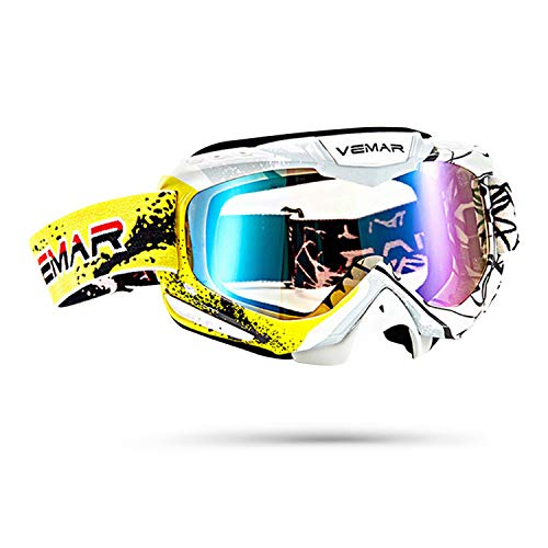 Galatée Serie de rayas colores deportivos moda Motocross Vidrios Prueba Viento UV Goggle para Esquí,Patinaje,Escalada,Camping,Carreras,Gafas para el Polvo,Resistentes al Viento(Amarillo+blanco)