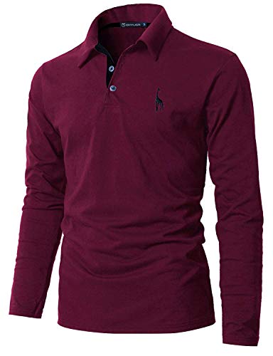 GHYUGR Polo Manga Larga Hombre Algodón Negocios Elegante Bordado de Ciervo Golf Tennis Otoño Invierno Poloshirt Camisas,Rojo Vino,XXL