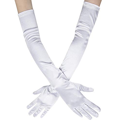 Guante largo negro blanco Guantes de Satén Mujer Vintage Guantes hasta los Codos Novia Accesorios Guantes Largos para Boda Fiesta Accesorios (52cm-blanco)