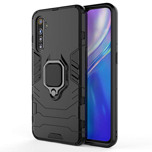 HAOYE Funda para Realme XT, Shockproof Carcasa con 360 Grados Giratorio Anillo Kickstand [Soporte de Coche Magnético Compatible], Hard PC y Silicona TPU Tough Armor Case. Negro