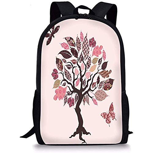 Hui-Shop Mochilas Escolares Libélula, árbol auténtico con Hojas de Parche étnico y Obra de Arte de Vivienda habitable, Rosa marrón para niños niñas