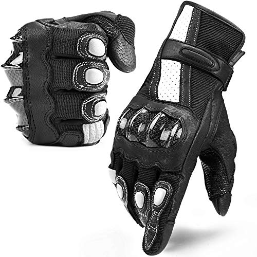 INBIKE Guantes Moto Piel Cuero De Pantalla Táctil Hombre Mujer con Protecciones De Carbono, Excelente Transpirabilidad Gran Resistencia A La Abrasión Y A Los Impactos(IM19810-Blanco XL)