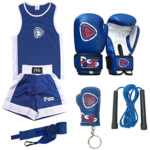 infantil Boxeo Uniforme 2 Piezas Set (Top & Corto) Azul Blanco 5-6 años antiguo INFANTIL+Guantes Boxeo 6-oz (1007)