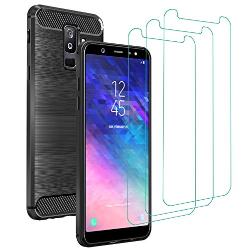 iVoler Funda para Samsung Galaxy A6+ 2018 / A6 Plus 2018 + 3 Unidades Cristal Templado, Fibra de Carbono Negro TPU Suave de Silicona [Carcasa + Vidrio Templado] Ultra Fina Caso y Protector de Pantalla