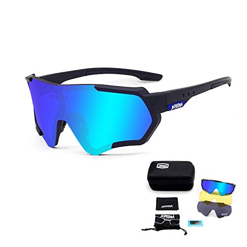 JEPOZRA Gafas de Sol Deportivas Polarizadas Protección UV400 Gafas de Ciclismo con 3 Lentes Intercambiables para Ciclismo, Béisbol, Pesca, esquí, Funcionamiento (714-Black Blue)