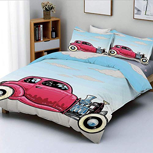 Juego de Funda nórdica, Old Classic American Hot Rod Car con Motores Grandes modificados para gráficos de Velocidad Lineal Juego de Cama Decorativo de 3 Piezas con 2 Fundas de Almohada, Azul Rosa, el