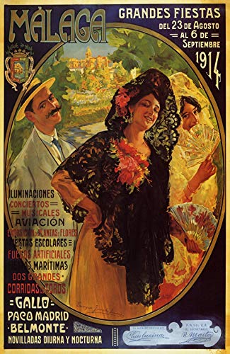 KEAPSIGN Letrero de metal retro clásico – Málaga Grande's Fiestas 1914 – Póster de viaje español – Reproducción de Grandes Fiestas – Cartel clásico para decoración de pared, 20 x 30 cm