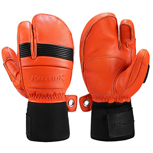 KUTOOK Guantes Manoplas Esquí De Piel Cuero 3M Thinsulate Guantes Snowboard Cálidos Hombre Mujer con Membrana Impermeable Guantes Nieve Invierno Guantes Ski(Naranja-M)