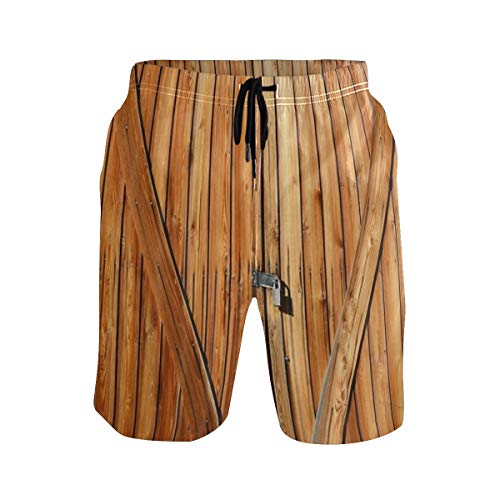 LISNIANY Bañador Hombre，Garaje de Madera Puerta de Granero Cortijo Roble Campo Pueblo Junta Suroeste Vida Rural，Natación Secado Rápido Malla Pantalones Imprimiendo Cortos(M)