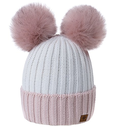 MFAZ Morefaz Ltd Mujer Gorro de Invierno Beanie Sombrero De Invierno Doble Pompón Esquí de Moda (Powder-Pink White)