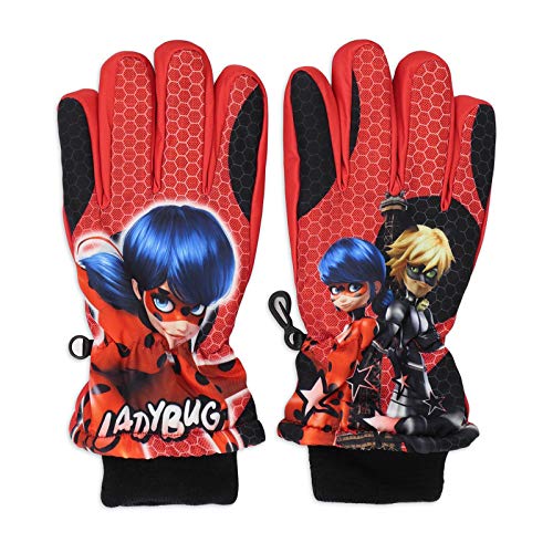 Miraculous LadyBug e Cat Noir – Guantes de esquí para nieve y deportes de invierno con puños elásticos – Niña Negro 9-10 años