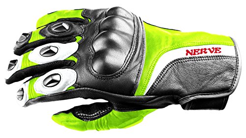 Nerve Guantes Moto de Cuero KQ11, Negro/Verde Neón, 9