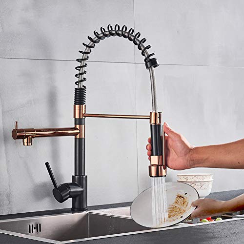 Nicoole Negro Y Rosa Golden Spring Pull Down Grifo Del Fregadero De La Cocina   Mezclador De Agua Caliente Y Fría Grifo De Grúa Con Doble Caño Montado En La Plataforma