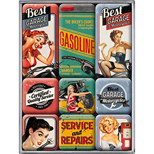 Nostalgic-Art Juego de Imanes Retro Best Garage – Regalo para Aficionados a Coches y Motos, Decoración para la Nevera, Diseño Vintage, 9 Unidades