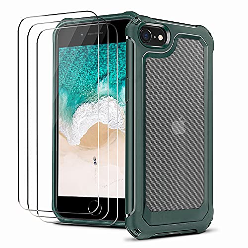 NUDGE Funda para iPhone SE (2020) / 7/8 con 3 Películas Templadas, Funda Bicolor de Fibra de Carbono, TPU Suave a Prueba de Golpes + PC Dura de Alta Gama, Verde Militar