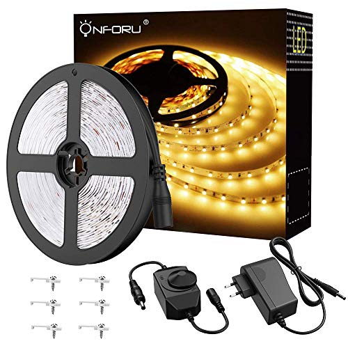 Onforu 5M Luces de Tiras Regulables, Blanco Cálido 3000K Tira LED, 12V LED Strip Light Adhesivas Regulador de Intensidad, 300 LEDs con Adaptador para Habitación Cocina Salón Decoración Interior