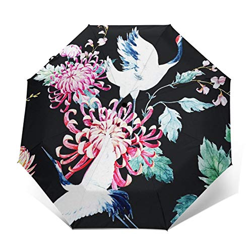 Paraguas Plegable Automático Impermeable Crisantemo de grúa de Cabezas de Agua,Paraguas De Viaje Compacto A Prueba De Viento, Folding Umbrella, Dosel Reforzado, Mango Ergonómico