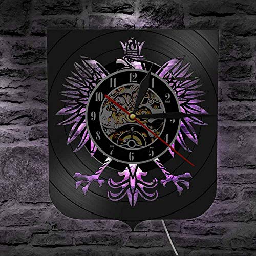 Reloj de pared Polska con escudo de armas polaco patriótico polaco águila polaca escudo de armas polaco halcón polaco vintage vinilo récord luces LED