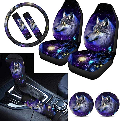 Seanative Universe Space Wolf - Juego de 9 fundas de asiento delantero para coche, funda para palanca de cambios, funda para freno de mano de coche, almohadillas para el hombro, soporte para tazas.