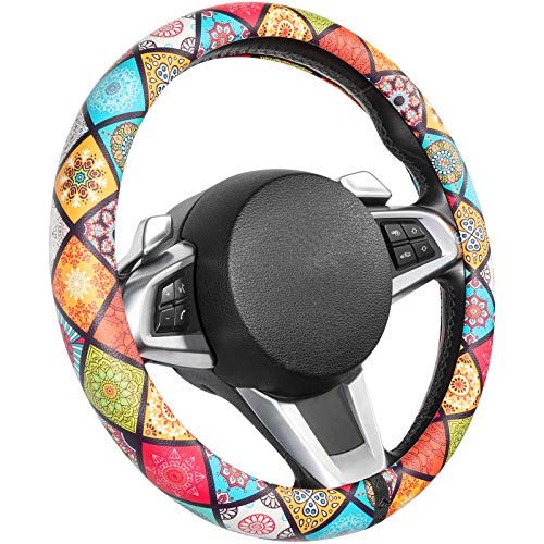 SEG Direct Funda Para Volante De Coche De Microfibra Con Diseño De Mandala Para Mujeres Y Niñas, Tamaño Estándar Para Volante De 37-39 Cm De Diámetro Exterior, Multicolor