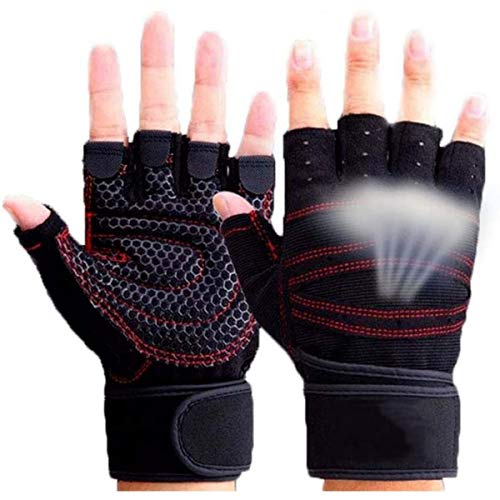 Skevic Guantes Gimnasio Hombre y Mujer - Guantes Gym para Levantamiento de Pesas, Crossfit, Barra Dominadas, Guantes Ciclismo Guantes Fitness con Muñequera Transpirable Antideslizante (Negro Rojo, L)