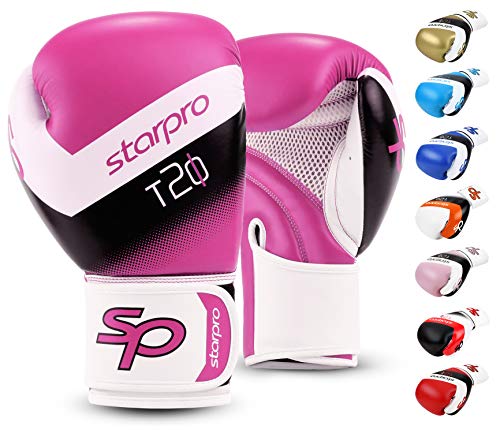 Starpro Guantes de boxeo (8 oz 10 oz 12 oz 14 oz 16 oz) Cuero sintético - guantes de boxeo de entrenamiento muay thai para Unisex-adulto [Rosado/ Blanco] [12 oz]