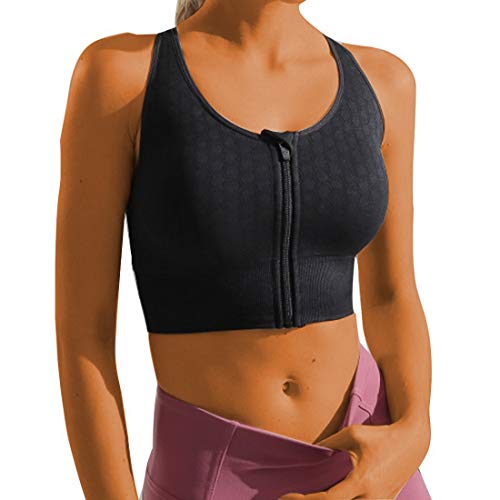 Sujetador Deportivo Mujeres Sports Entrenamiento Bra Cremallera Frontal Almohadillas Extraíbles Alto Impacto para Gimnasio Yoga Running Bra (Negro, XL)