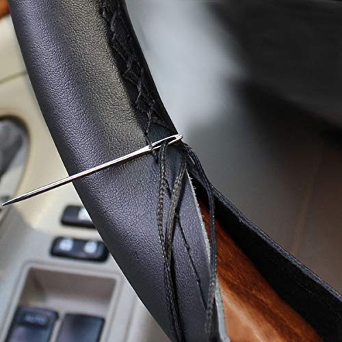 TEKSHOPPING Funda de volante de piel sintética universal con aguja e hilo para coser en el volante del coche – Color negro textura piel (piel lisa 2)