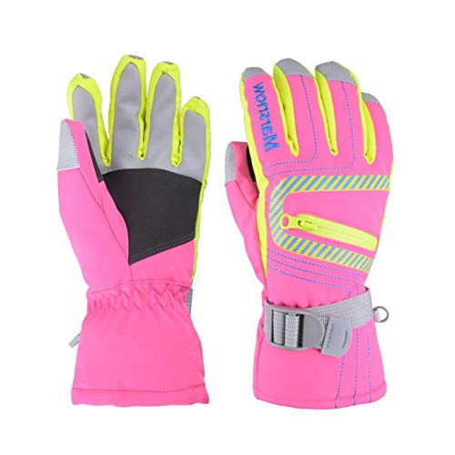 TRIWONDER Guantes Impermeables de esquí para Snowboard Guantes térmicos de Invierno cálido para Nieve, para Hombres, Mujeres y niños (Rosa roja, M (9-14 años))