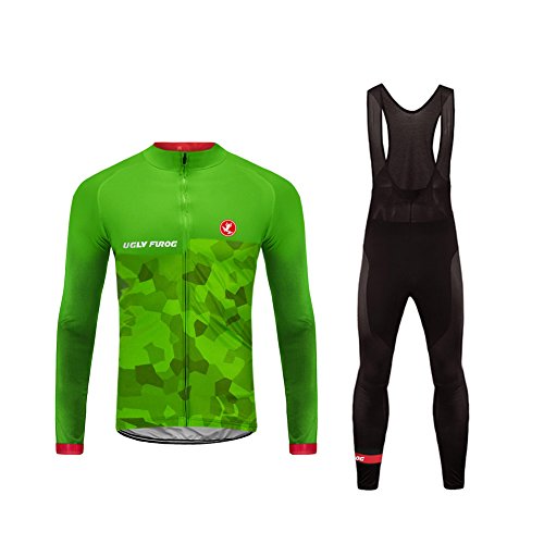 UGLYFROG Conjunto Largo Ciclismo con Badana De Gel De Entretiempo para Hombre, Ropa Bicicleta Invierno Calentita Cortavientos con Banda Reflectante, Maillot Largo + Pantalon Largo/Culotte